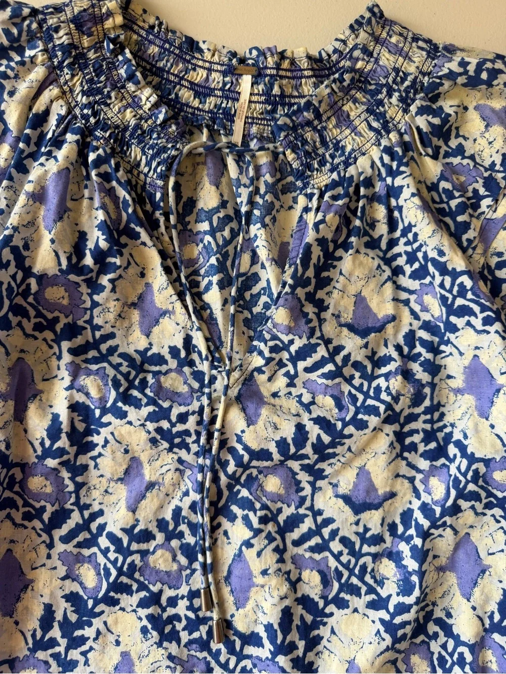 Free People Cotton Willow Printed Boho Blouse Smock-Neck Short Puff Sleeve